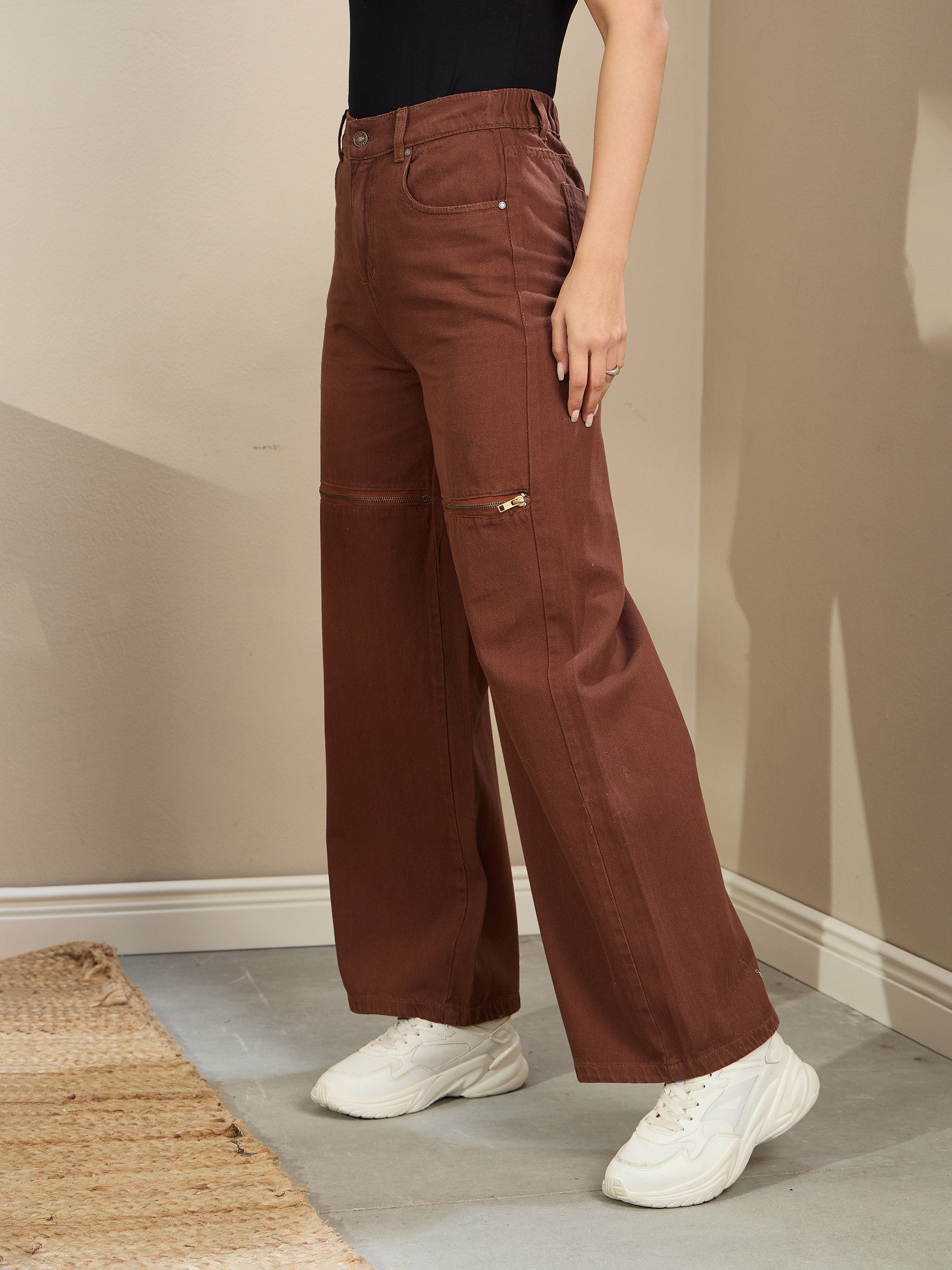Women Brown Zipper Design Baggy Jeans-BAJEAN0667