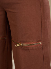 Women Brown Zipper Design Baggy Jeans-BAJEAN0667