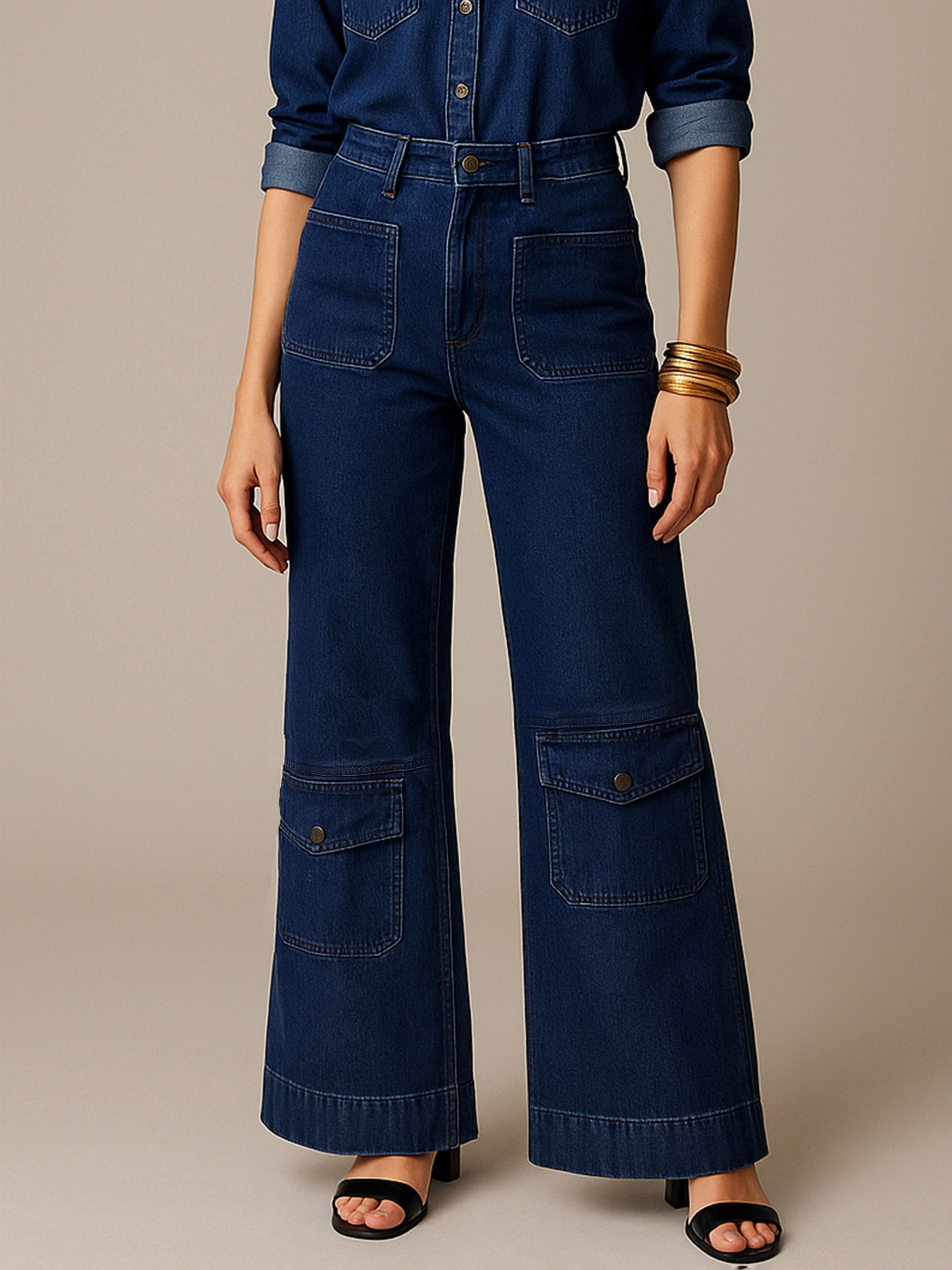 Women Navy Blue Multi Pocket Stretch Straight Jeans-BAJEAN0668