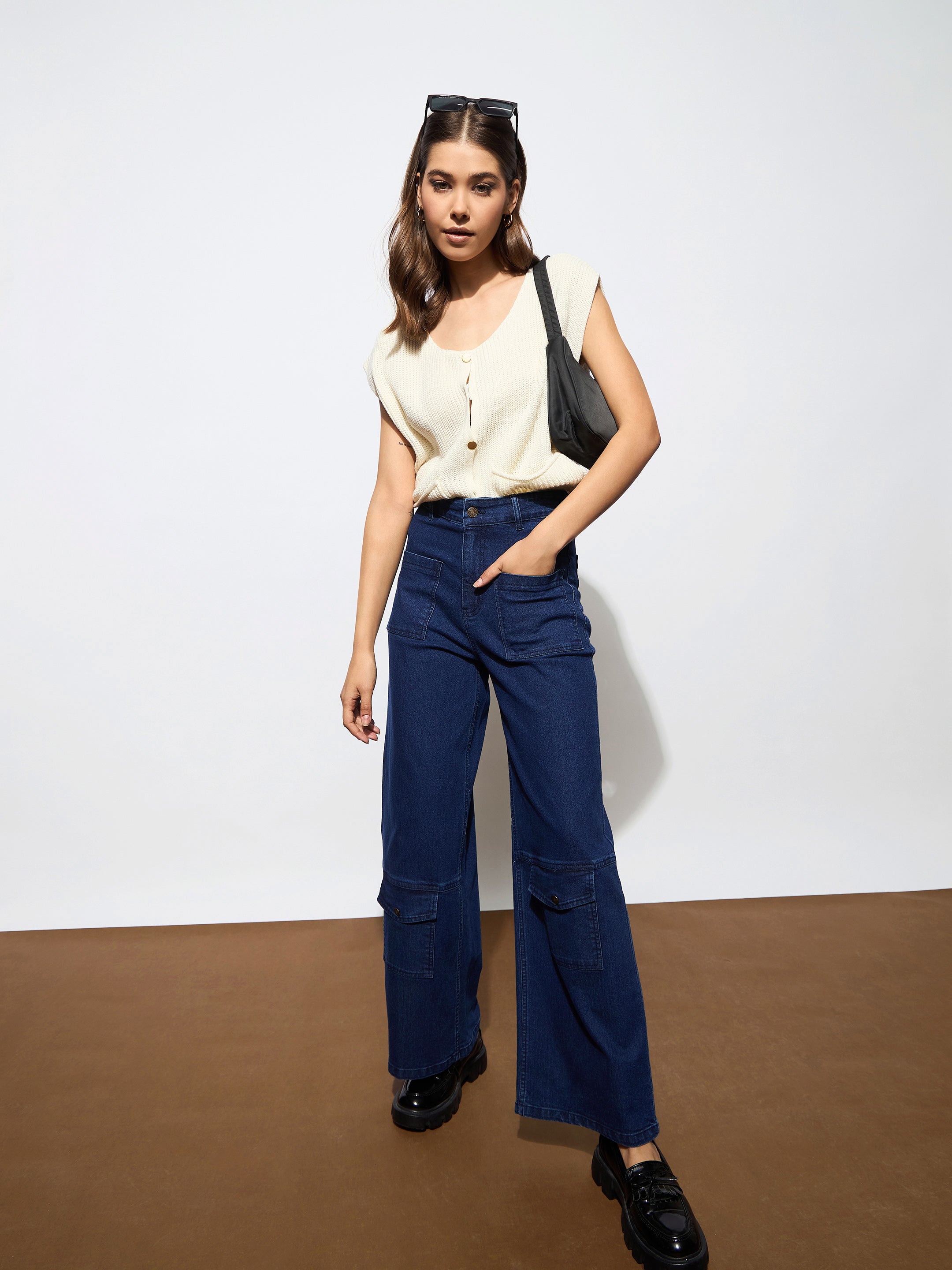 Women Navy Blue Multi Pocket Stretch Straight Jeans-BAJEAN0668