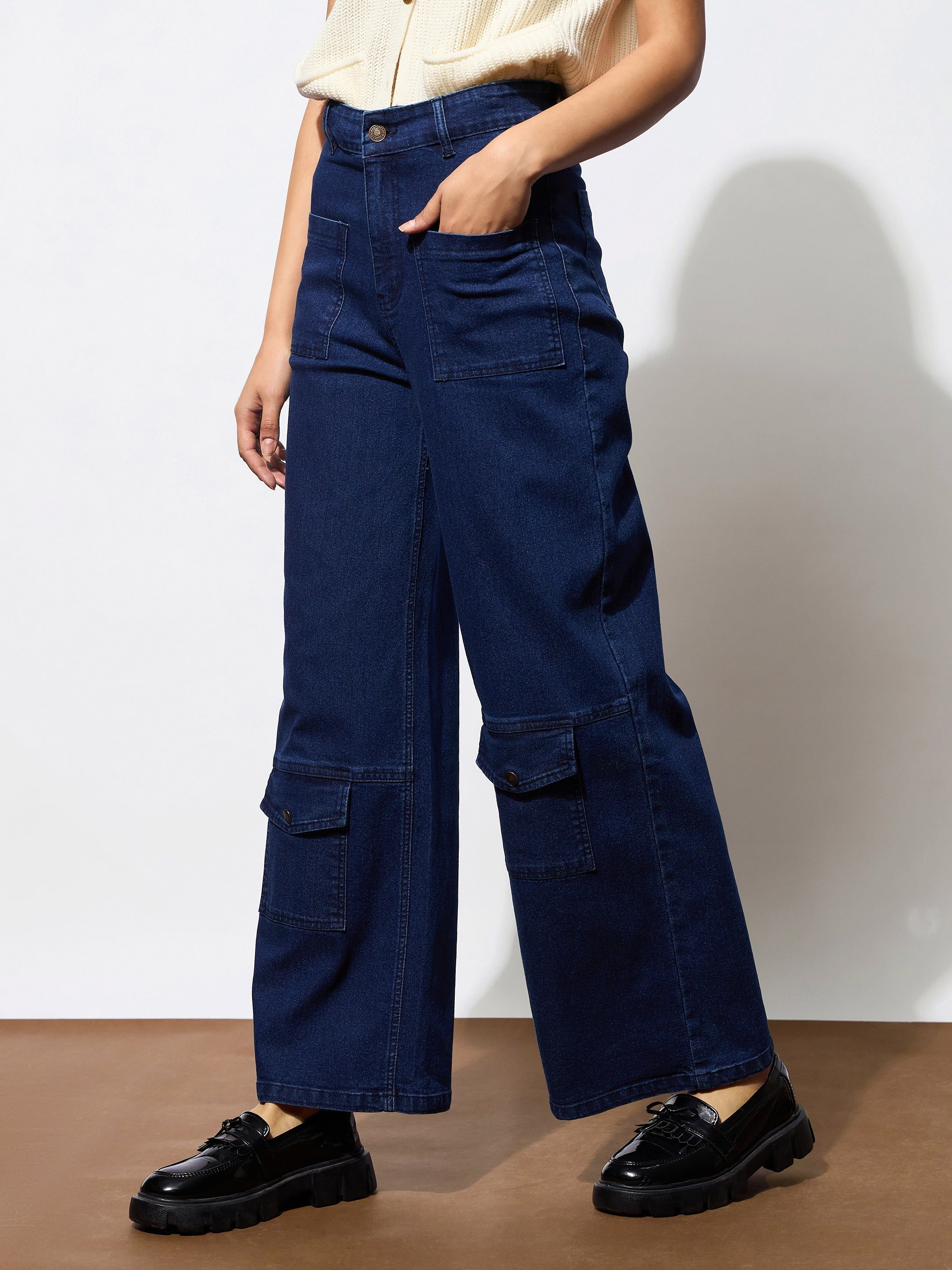 Women Navy Blue Multi Pocket Stretch Straight Jeans-BAJEAN0668