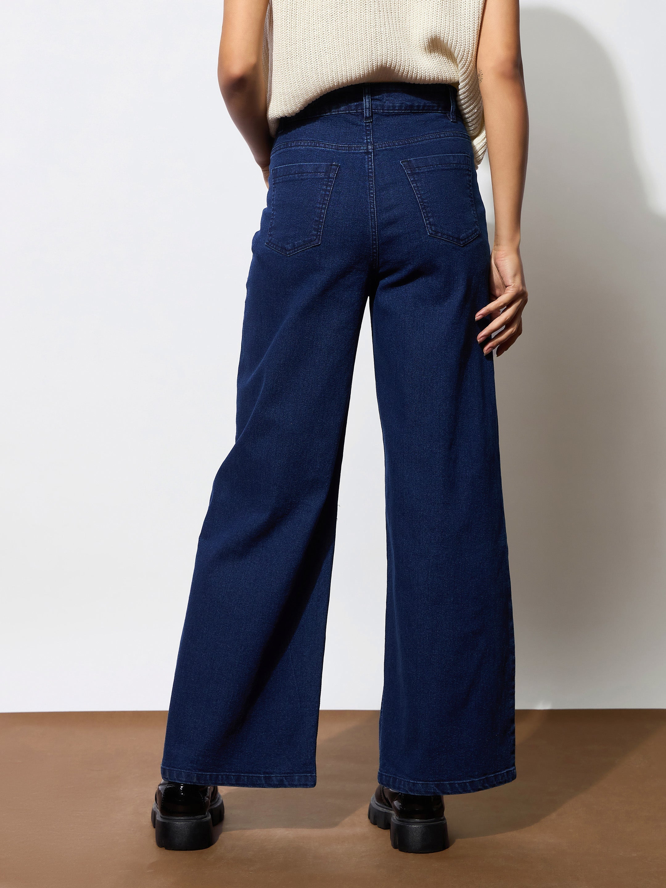 Women Navy Blue Multi Pocket Stretch Straight Jeans-BAJEAN0668