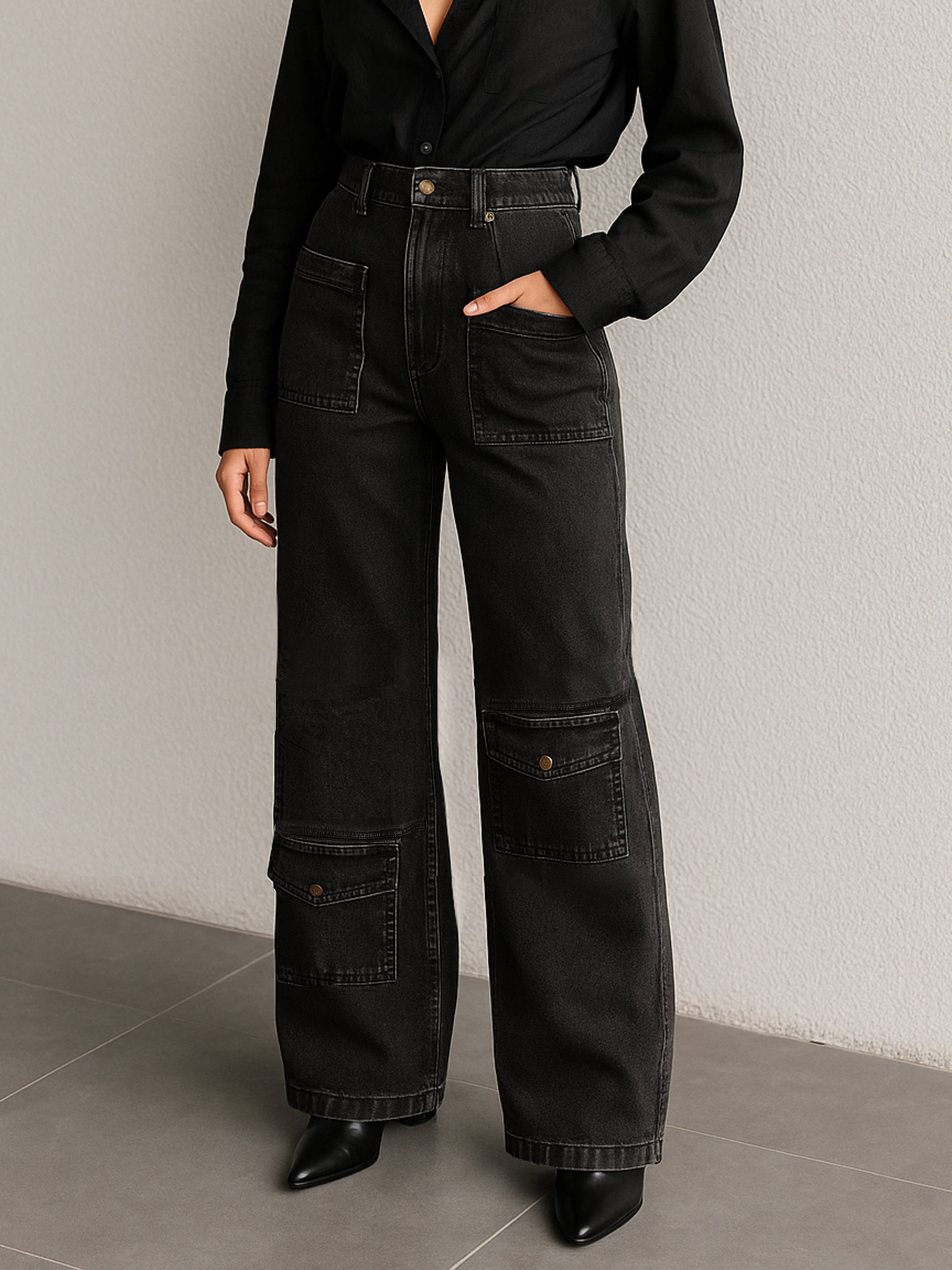 Women Black Wash Multi Pocket Stretch Straight Jeans-BAJEAN0669