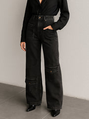 Women Black Wash Multi Pocket Stretch Straight Jeans-BAJEAN0669