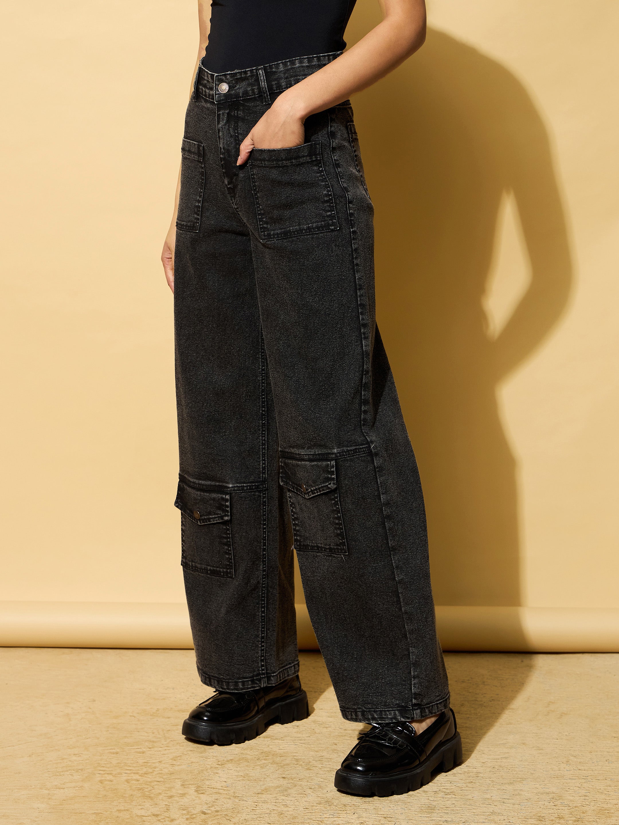 Women Black Wash Multi Pocket Stretch Straight Jeans-BAJEAN0669