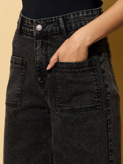 Women Black Wash Multi Pocket Stretch Straight Jeans-BAJEAN0669