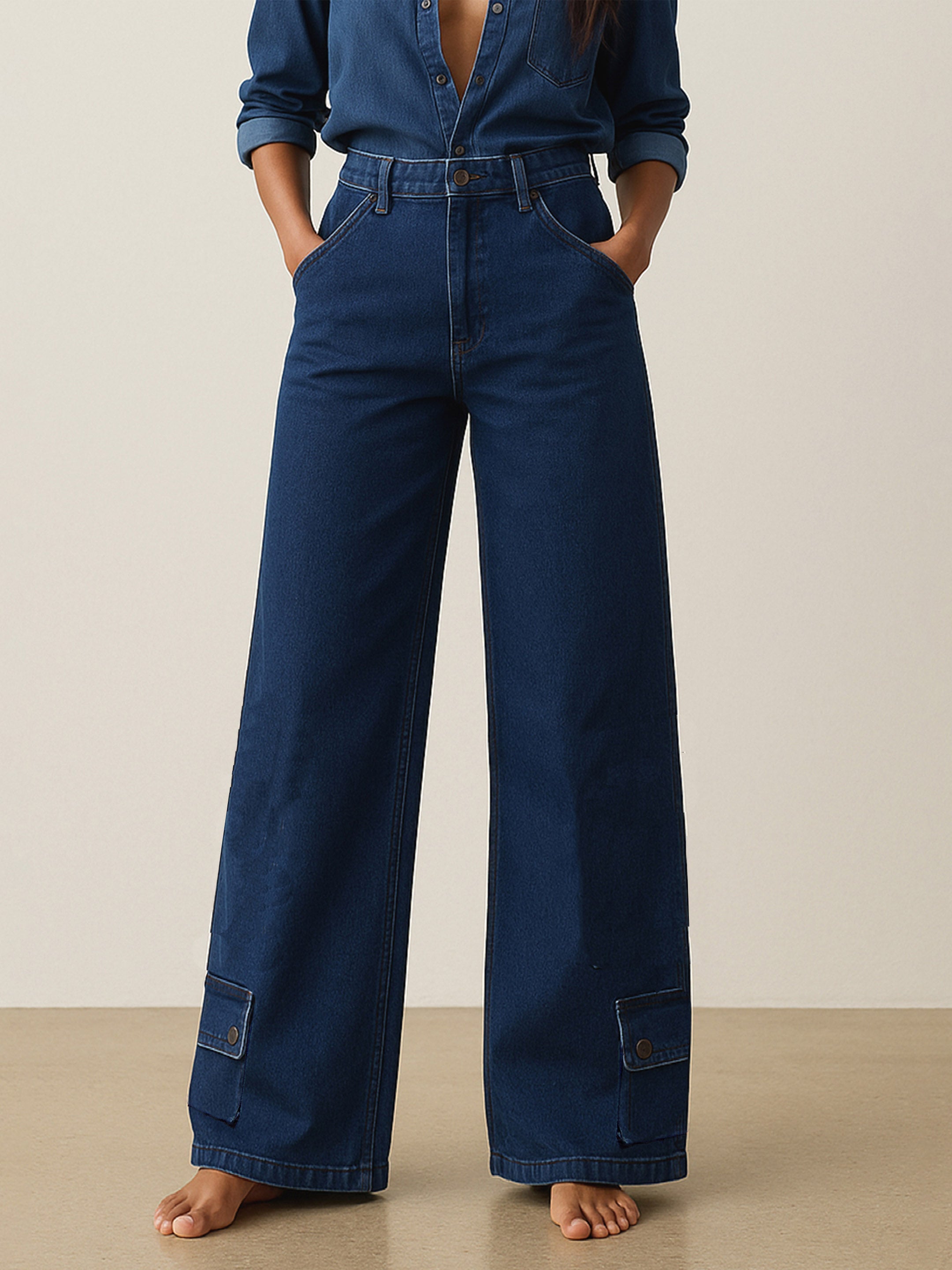 Women Blue Washed Hem Pocket Stretch Straight Jeans-BAJEAN0670