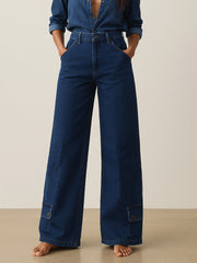 Women Blue Washed Hem Pocket Stretch Straight Jeans-BAJEAN0670