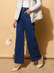 Women Blue Washed Hem Pocket Stretch Straight Jeans-BAJEAN0670