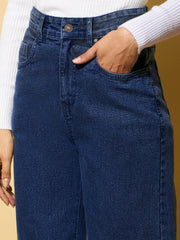 Women Blue Washed Hem Pocket Stretch Straight Jeans-BAJEAN0670