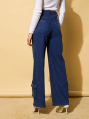 Women Blue Washed Hem Pocket Stretch Straight Jeans-BAJEAN0670
