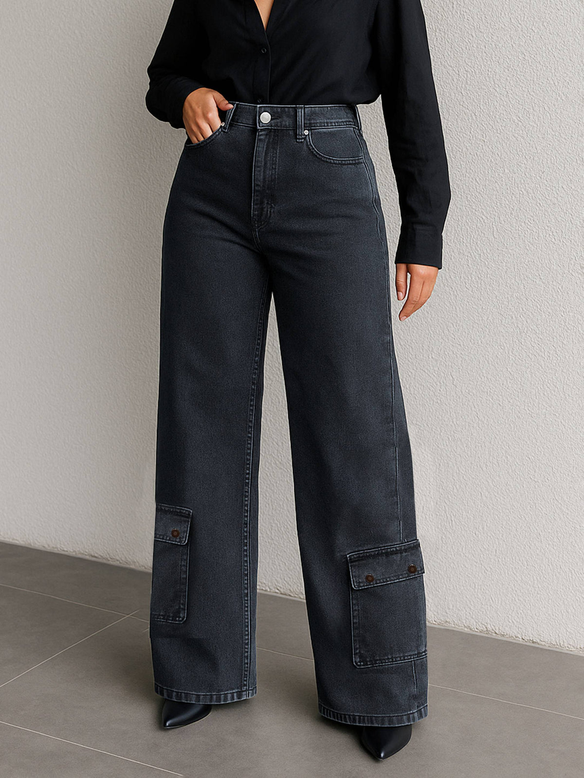 Women Black Washed Hem Pocket Stretch Straight Jeans-BAJEAN0671