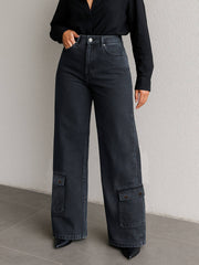 Women Black Washed Hem Pocket Stretch Straight Jeans-BAJEAN0671