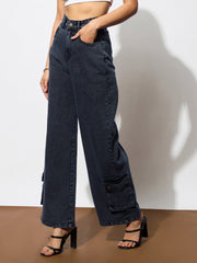 Women Black Washed Hem Pocket Stretch Straight Jeans-BAJEAN0671