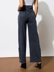 Women Black Washed Hem Pocket Stretch Straight Jeans-BAJEAN0671
