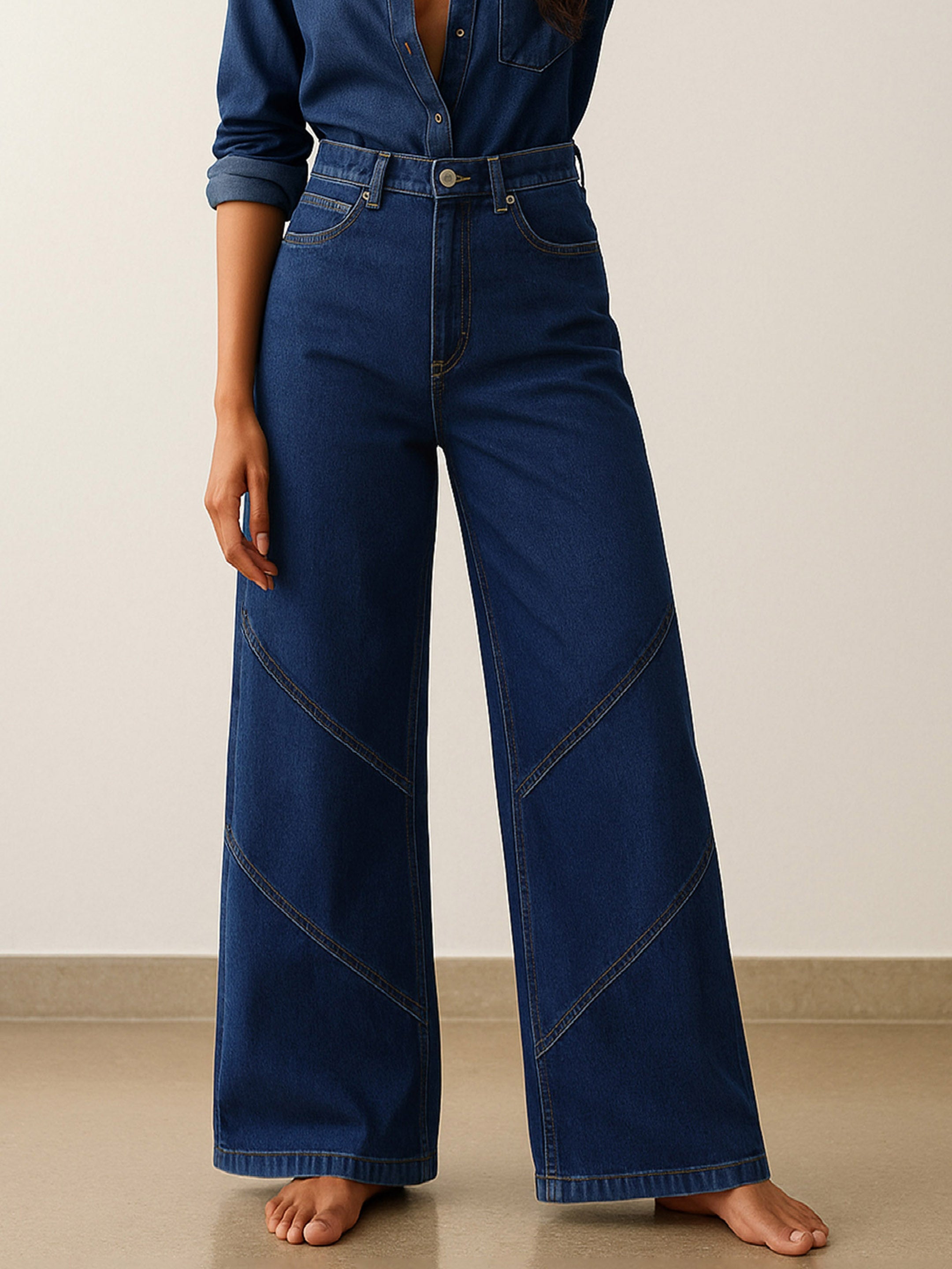 Women Navy High-Rise Stitch Detail Straight Jeans-BAJEAN0672