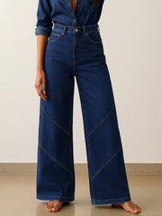 Women Navy High-Rise Stitch Detail Straight Jeans-BAJEAN0672