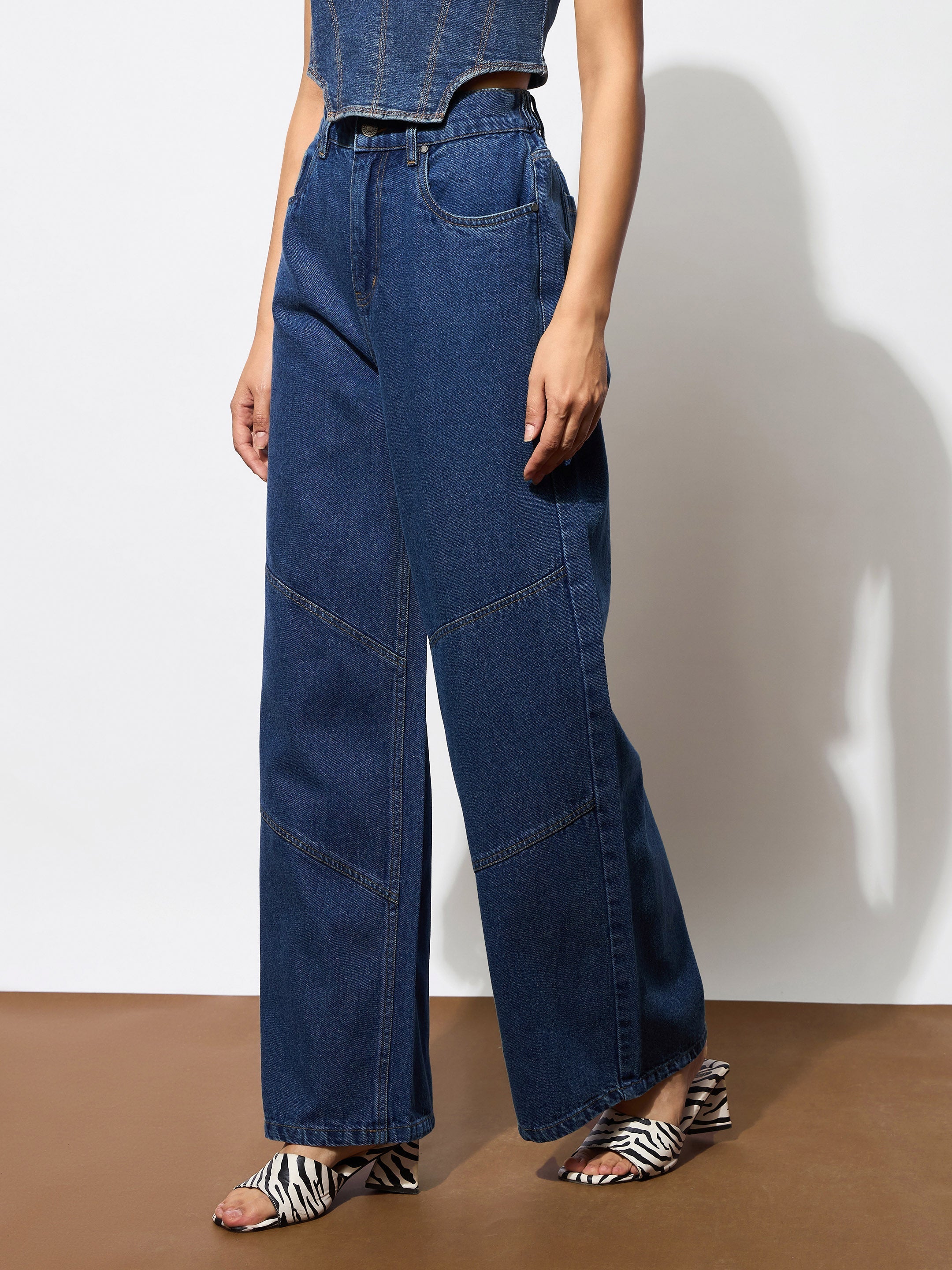 Women Navy High-Rise Stitch Detail Straight Jeans-BAJEAN0672