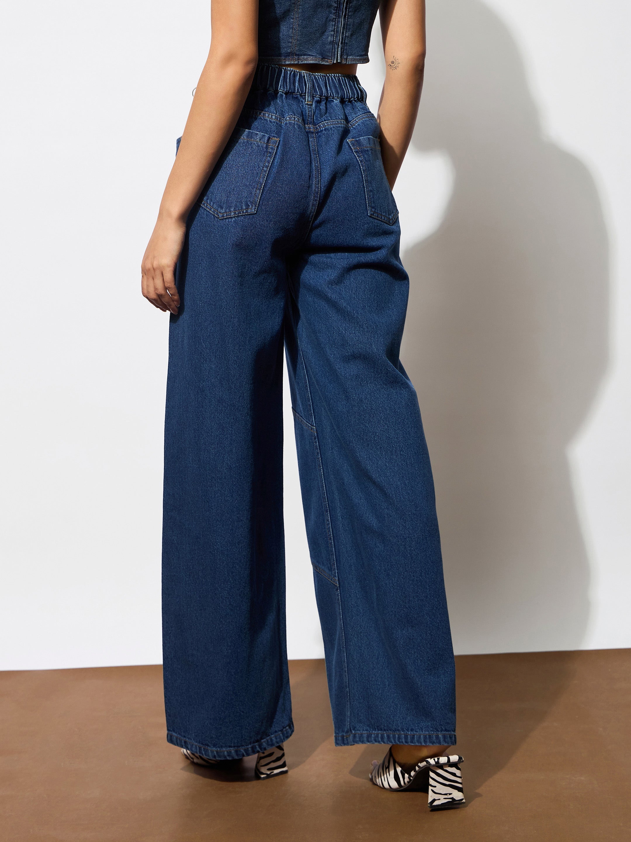 Women Navy High-Rise Stitch Detail Straight Jeans-BAJEAN0672