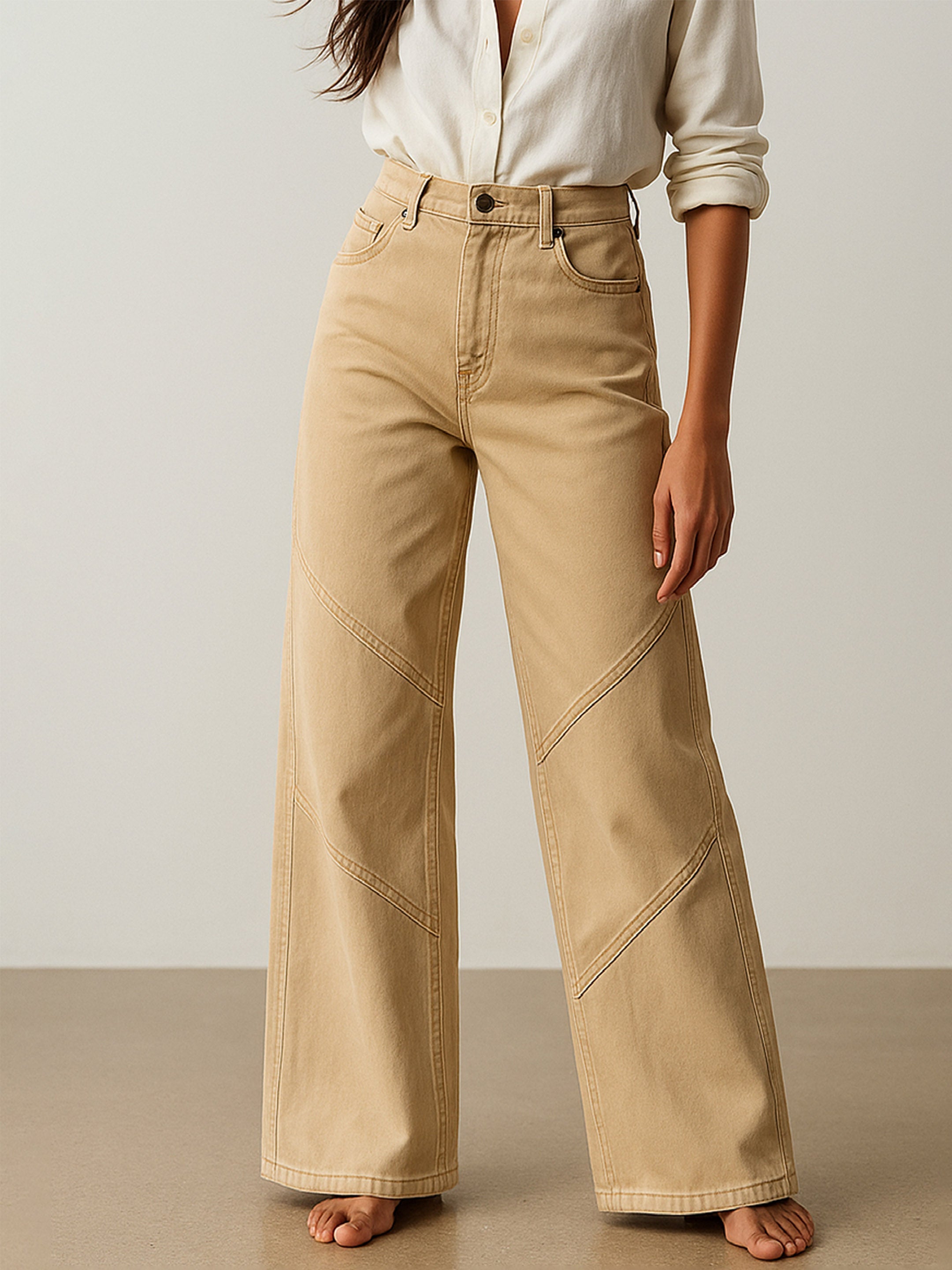 Women Beige High-Rise Stitch Detail Straight Jeans-BAJEAN0674