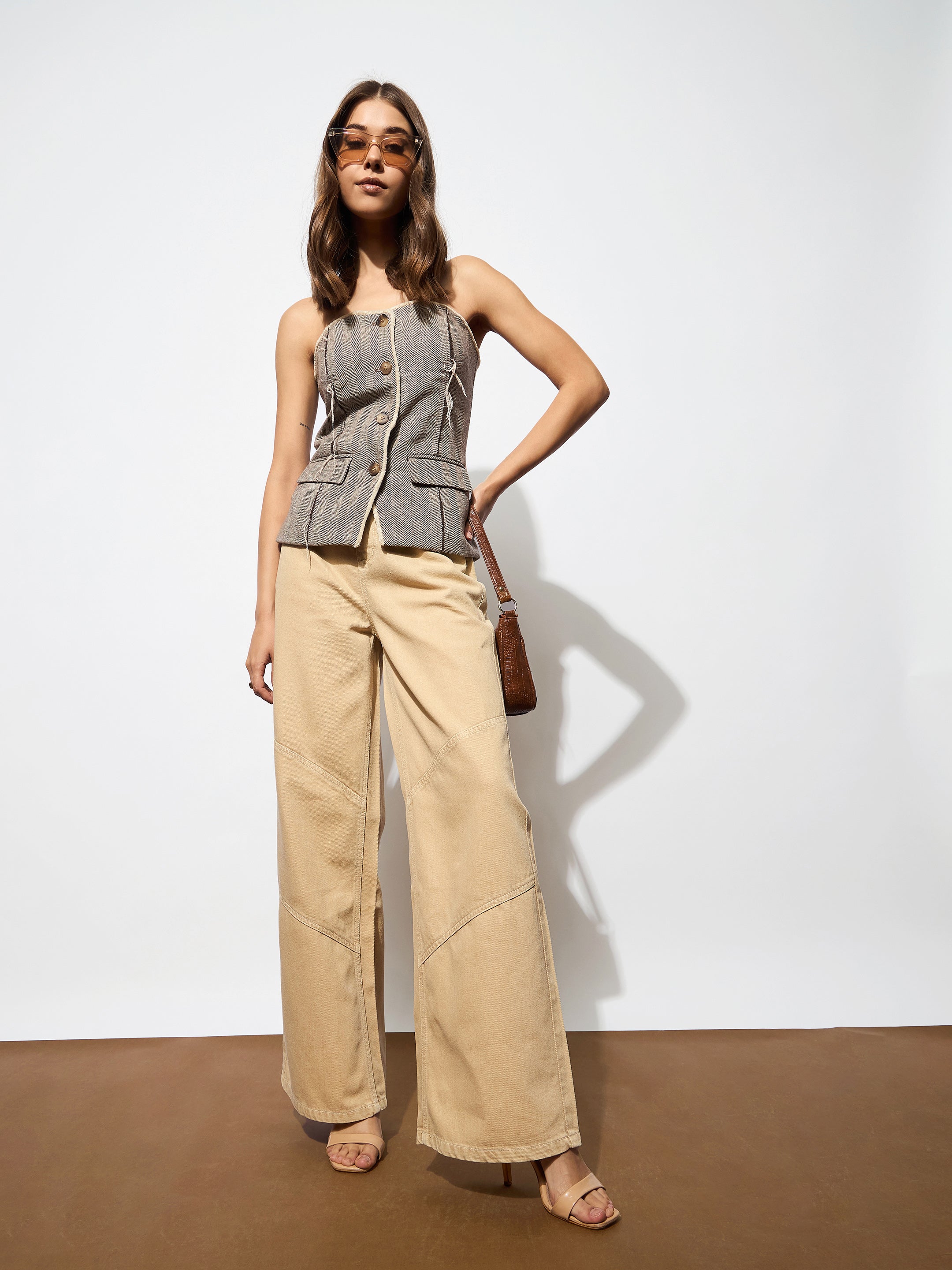 Women Beige High-Rise Stitch Detail Straight Jeans-BAJEAN0674