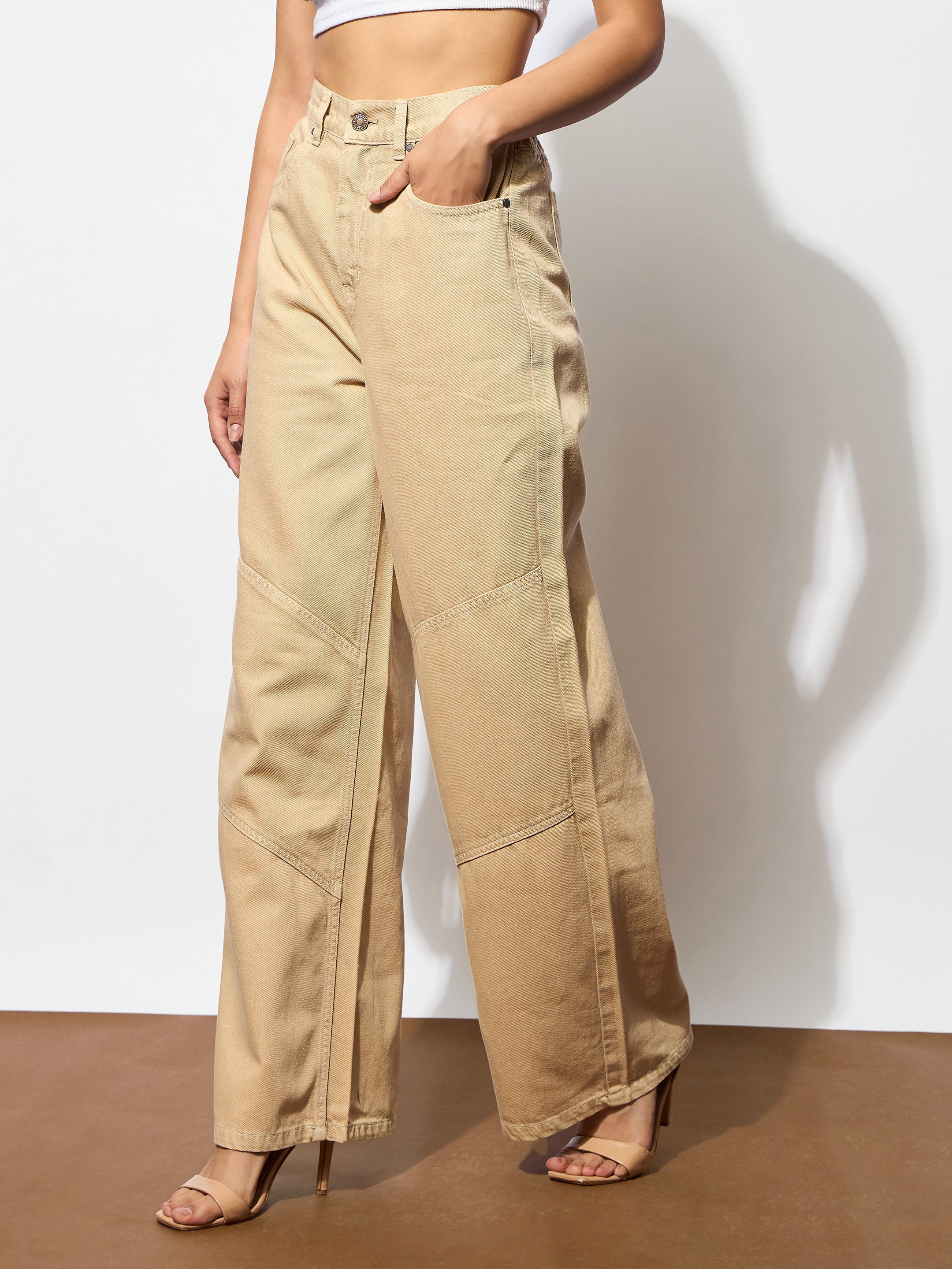 Women Beige High-Rise Stitch Detail Straight Jeans-BAJEAN0674