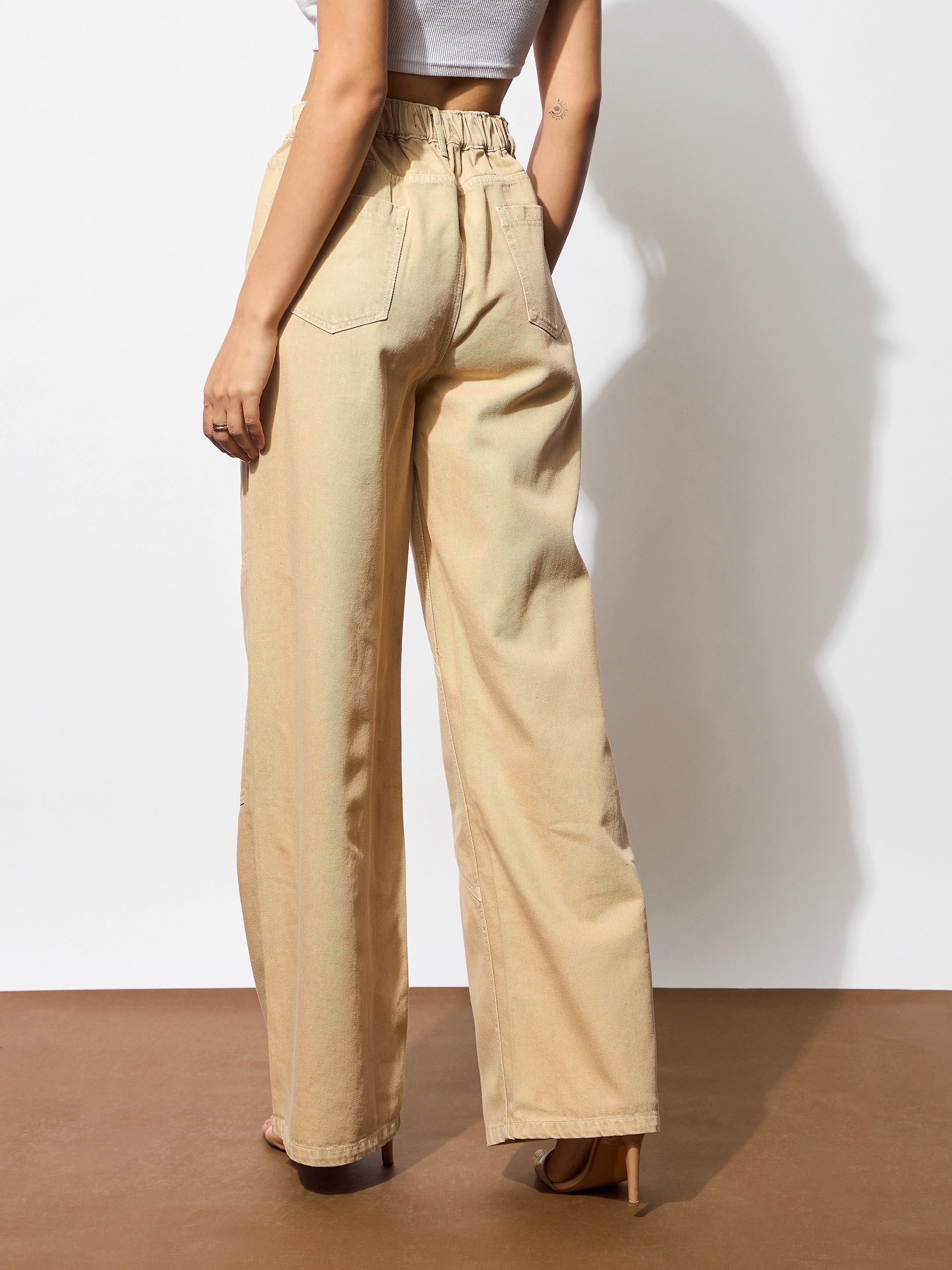 Women Beige High-Rise Stitch Detail Straight Jeans-BAJEAN0674