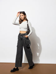 Women Black Washed Denim Side Pockets Loop Jeans-BAJEAN0675