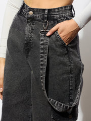 Women Black Washed Denim Side Pockets Loop Jeans-BAJEAN0675