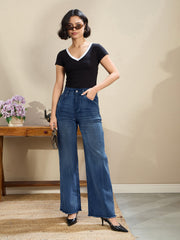 Women Navy Wash High Waist Straight Frayed Jeans-BAJEAN0677-Navy