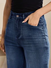 Women Navy Wash High Waist Straight Frayed Jeans-BAJEAN0677-Navy