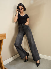 Women Black Wash High Waist Straight Frayed Jeans-BAJEAN0678-Black