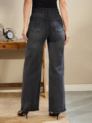 Women Black Wash High Waist Straight Frayed Jeans-BAJEAN0678-Black