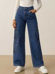 Women Blue Box Pocket Straight Cargo Jeans-BAJEAN0679