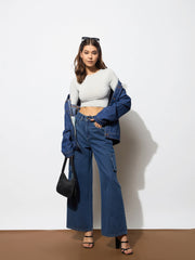 Women Blue Box Pocket Straight Cargo Jeans-BAJEAN0679