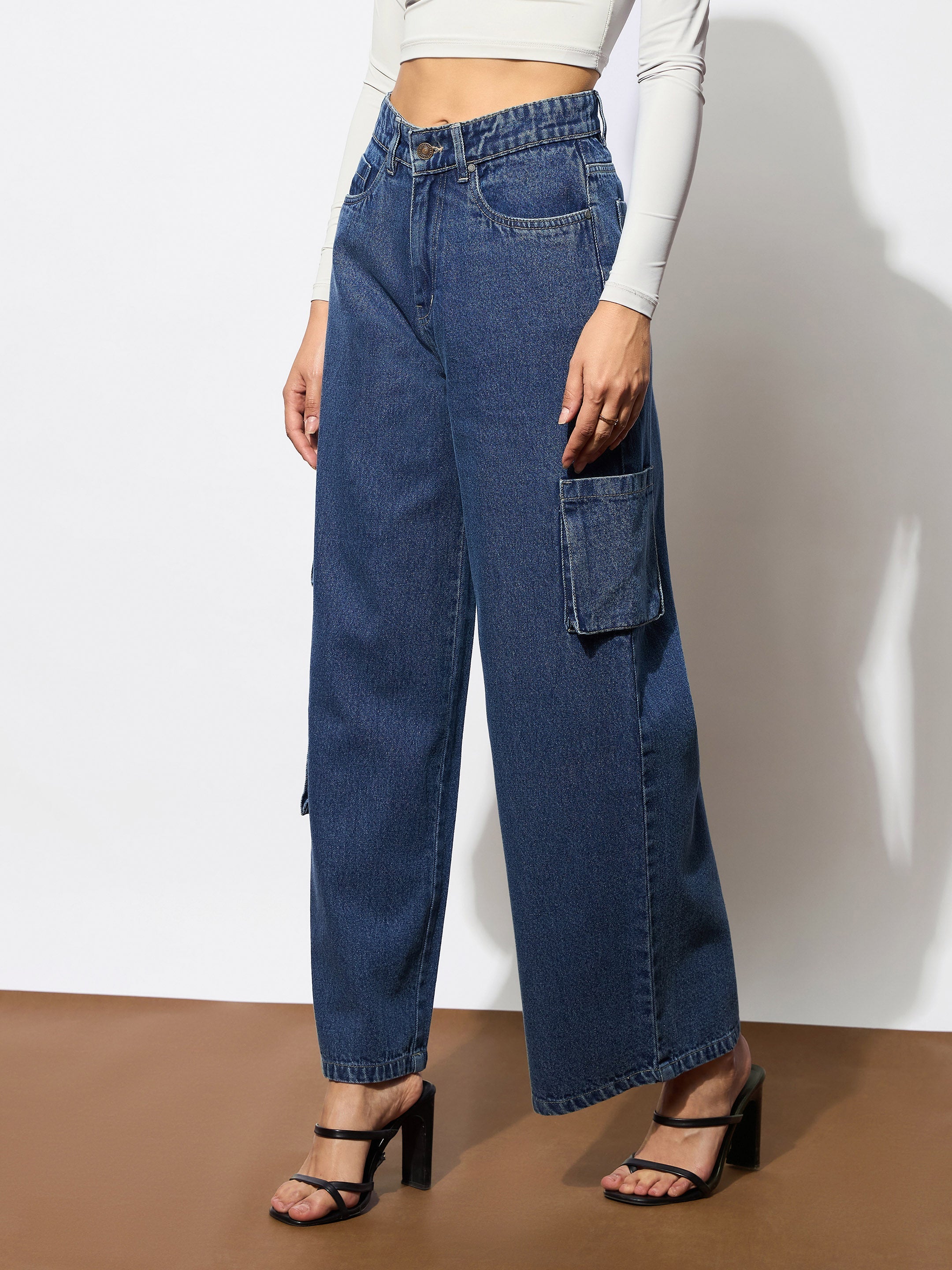 Women Blue Box Pocket Straight Cargo Jeans-BAJEAN0679