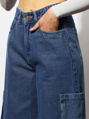 Women Blue Box Pocket Straight Cargo Jeans-BAJEAN0679