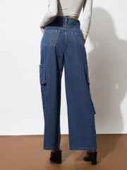 Women Blue Box Pocket Straight Cargo Jeans-BAJEAN0679