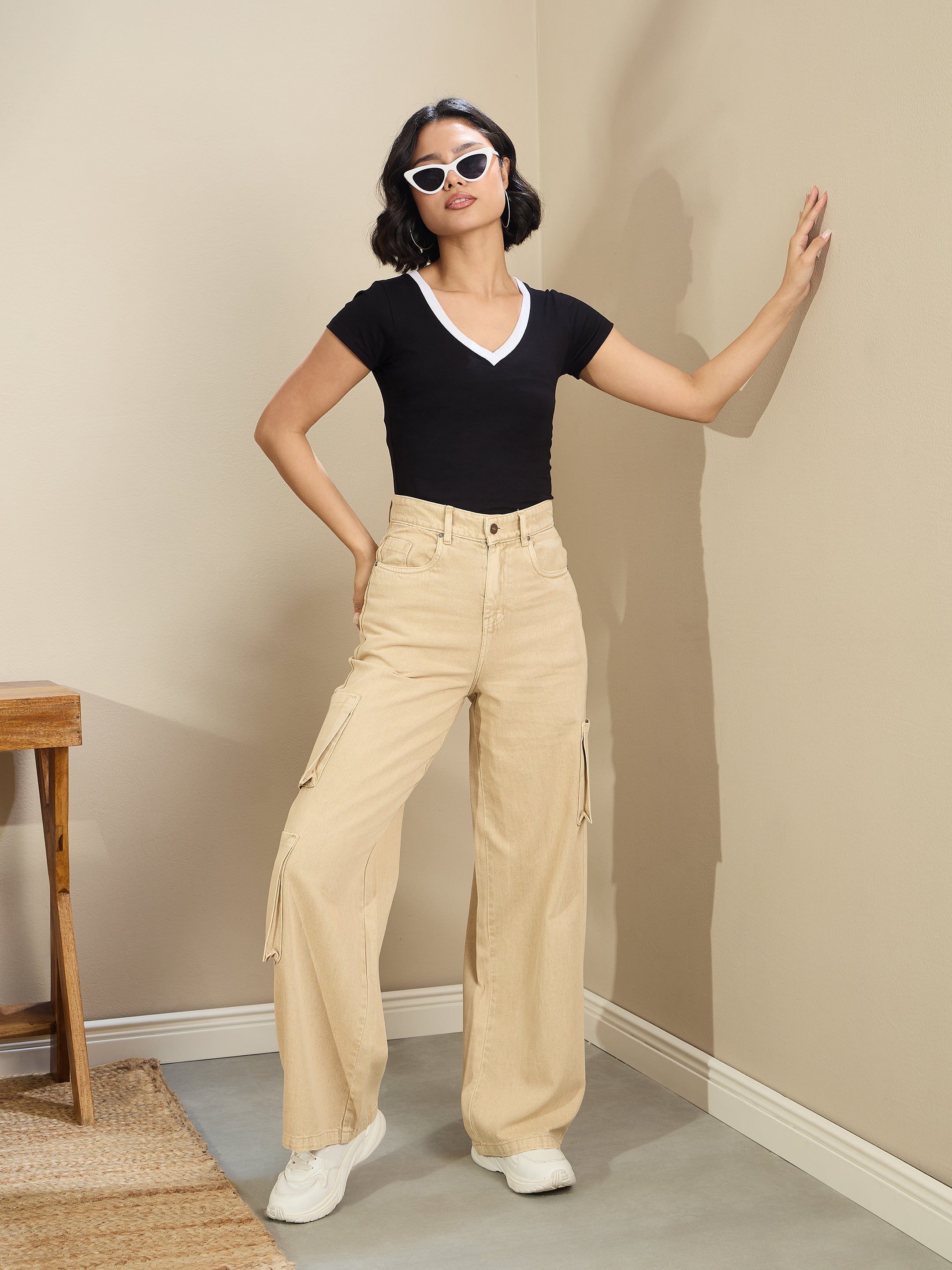 Women Beige Box Pocket Straight Cargo Jeans-BAJEAN0680
