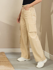 Women Beige Box Pocket Straight Cargo Jeans-BAJEAN0680