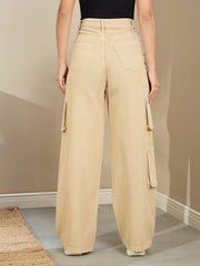 Women Beige Box Pocket Straight Cargo Jeans-BAJEAN0680