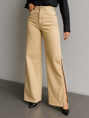 Women Beige Side Slit Wide Leg Jeans-BAJEAN0681