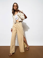 Women Beige Side Slit Wide Leg Jeans-BAJEAN0681