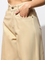 Women Beige Side Slit Wide Leg Jeans-BAJEAN0681