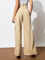 Women Beige Side Slit Wide Leg Jeans-BAJEAN0681
