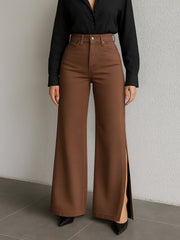 Women Brown Side Slit Wide Leg Jeans-BAJEAN0682