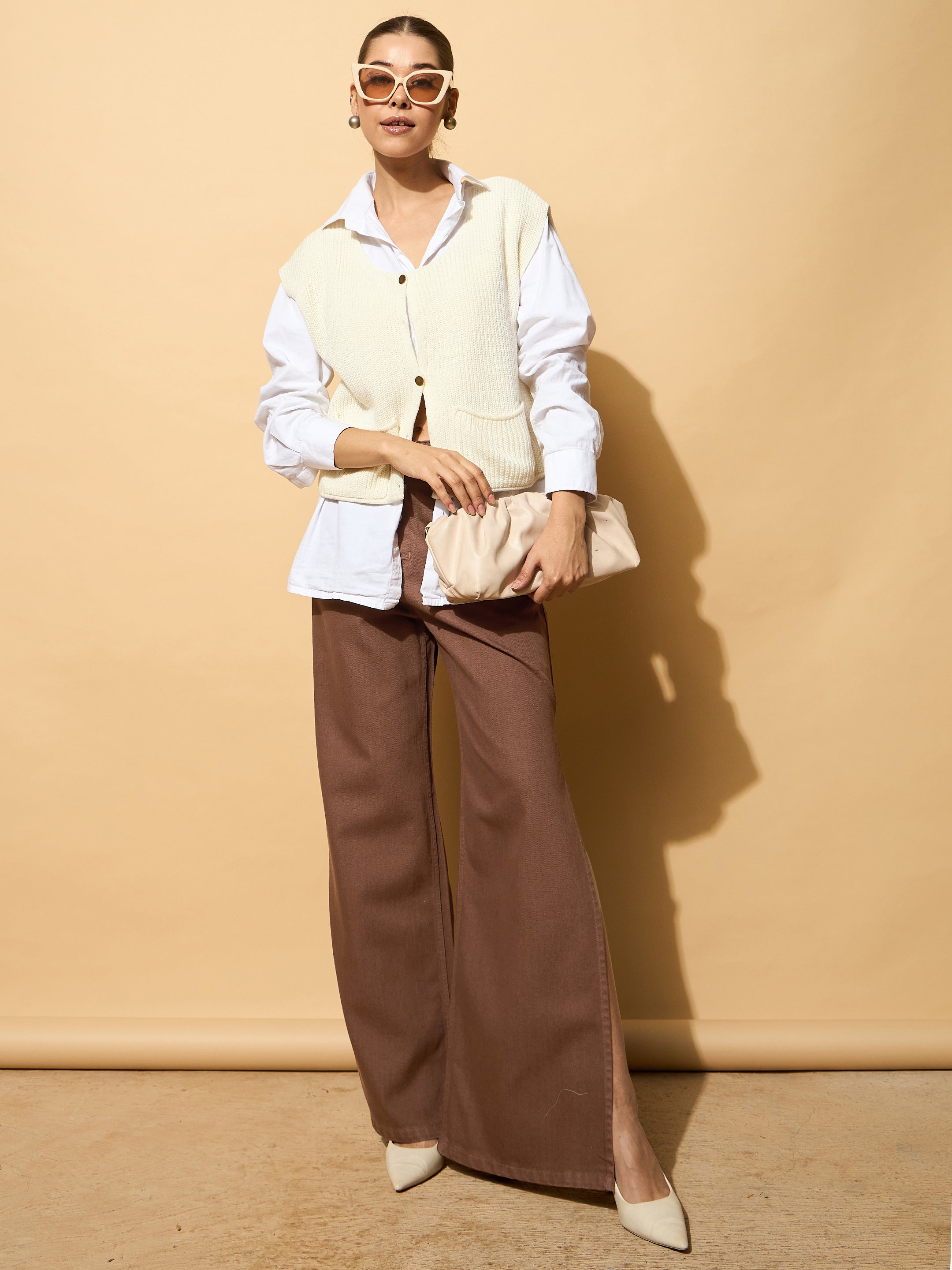 Women Brown Side Slit Wide Leg Jeans-BAJEAN0682