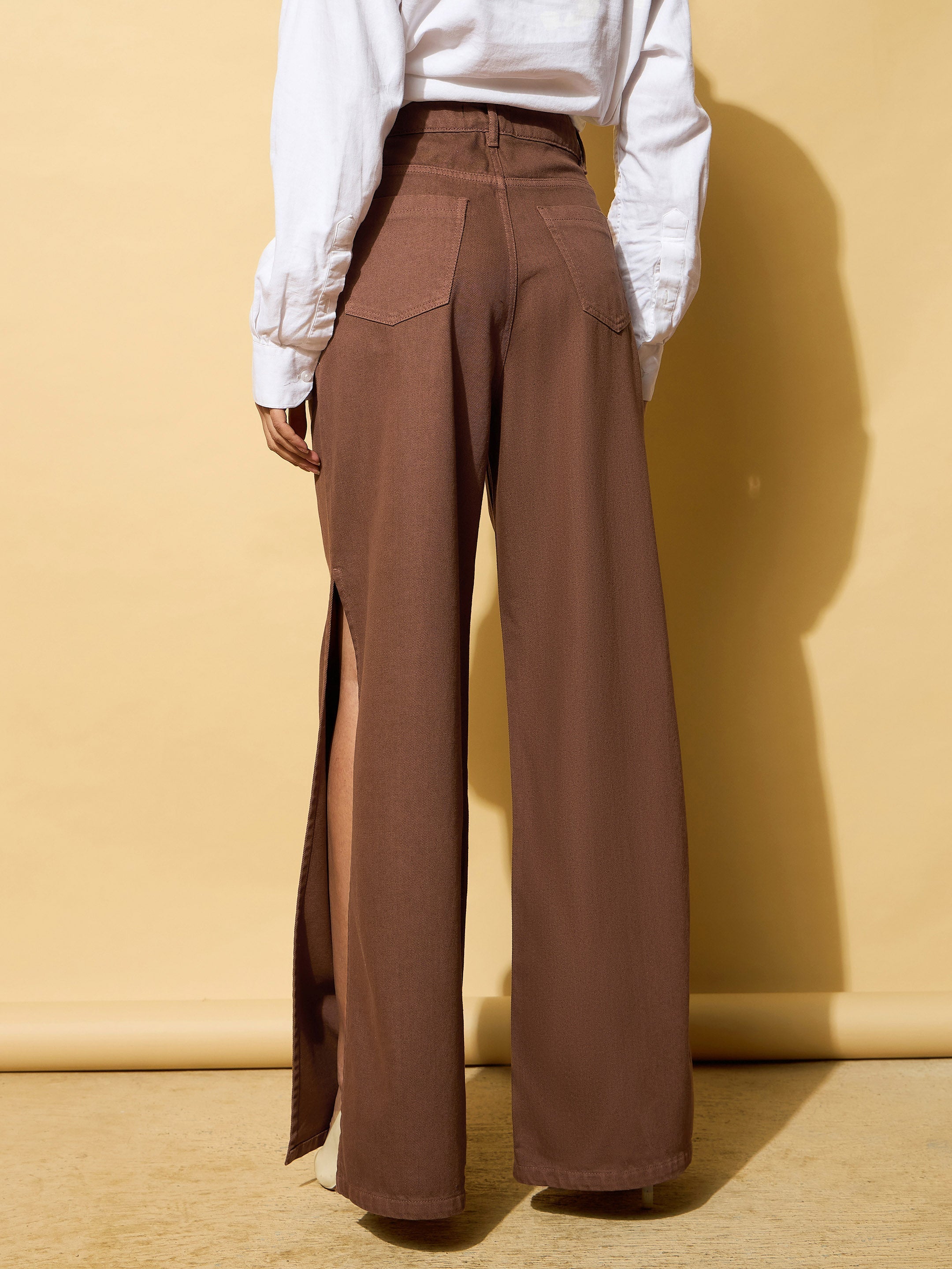 Women Brown Side Slit Wide Leg Jeans-BAJEAN0682