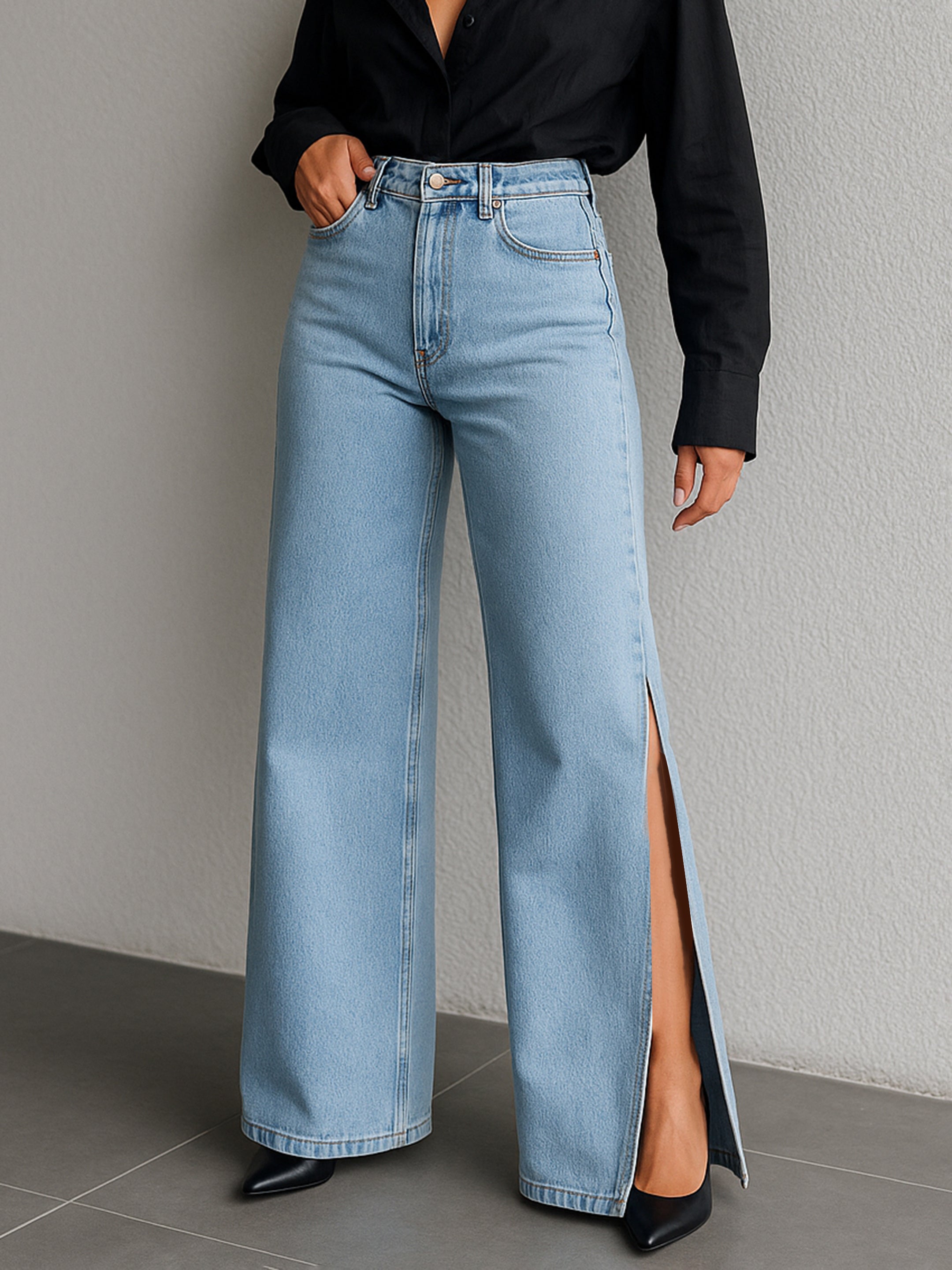 Women Blue Side Slit Wide Leg Jeans-BAJEAN0683