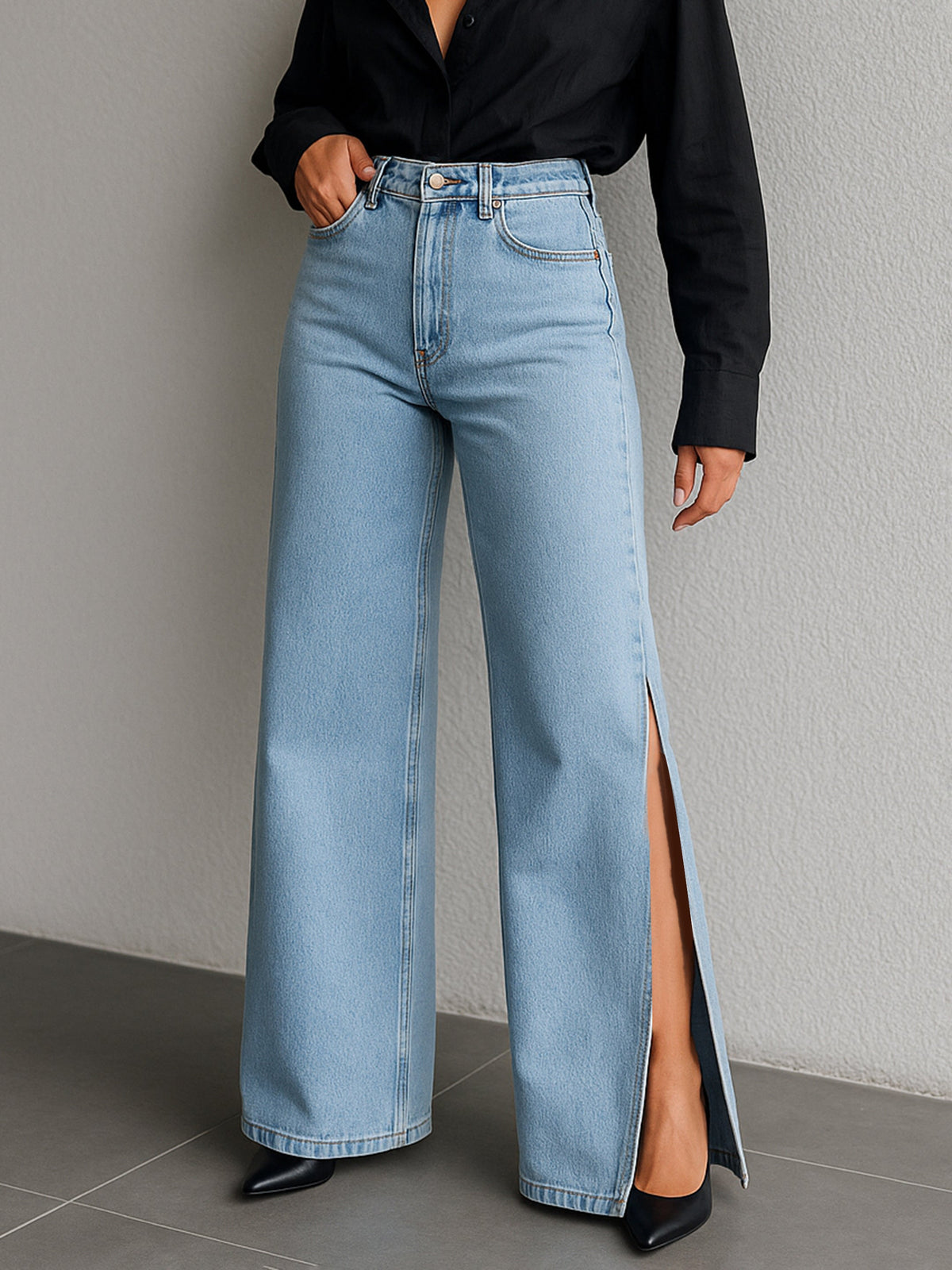 Women Blue Side Slit Wide Leg Jeans-BAJEAN0683